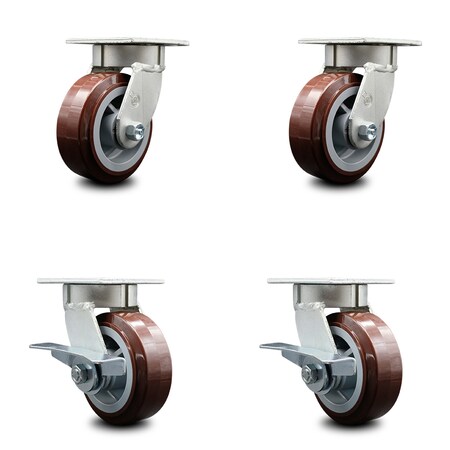 Service Caster 5 Inch Kingpinless Poly on Polyolefin Wheel Swivel Caster Set with 2 Brakes SCC SCC-KP30S520-PPUR-2-SLB-2